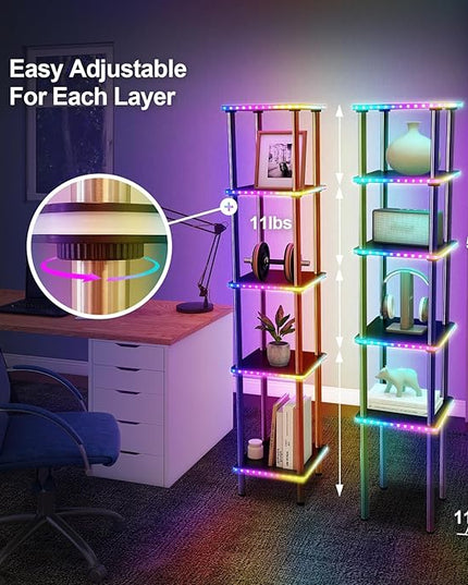 Kekeou RGBCW Floor Lamp with Shelves Tall Lamp Music Sync APP Control Standing Lamp with Wireless Charger & USB Port Color Changing Lamp with Shelves Work with Alexa Black 5 Tier - LeafyLoom