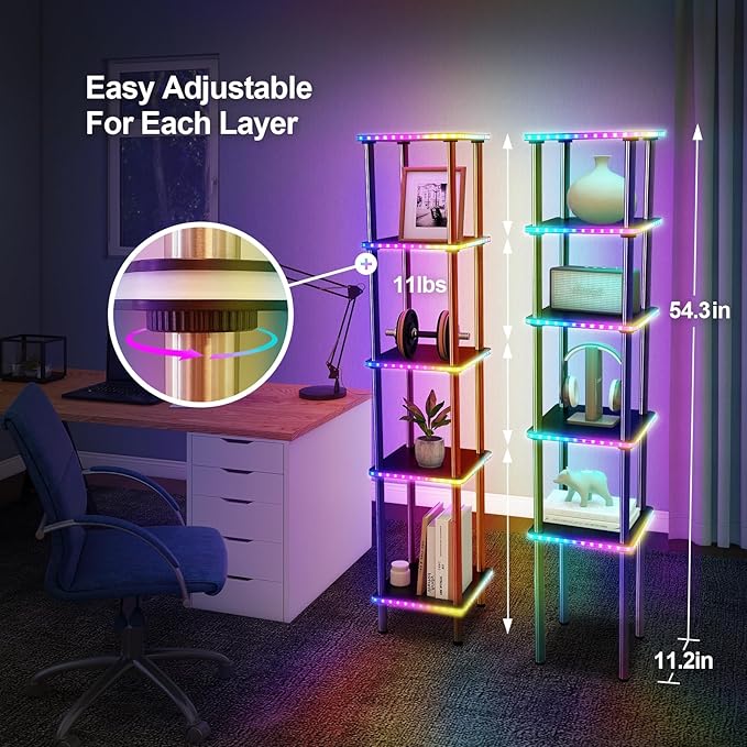 Kekeou RGBCW Floor Lamp with Shelves Tall Lamp Music Sync APP Control Standing Lamp with Wireless Charger & USB Port Color Changing Lamp with Shelves Work with Alexa Black 5 Tier - LeafyLoom