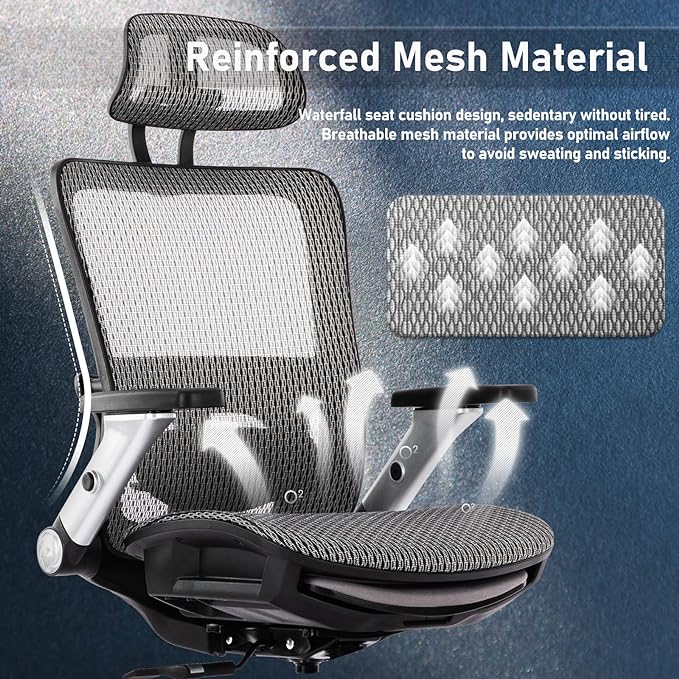 COLAMY Ergonomic Mesh Office Chair with Footrest, High Back Computer Executive Desk Chair with Headrest and 4D Flip-up Armrests, Adjustable Tilt Lock and Lumbar Support-Grey - LeafyLoom