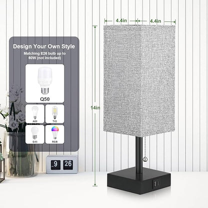 aooshine Table Lamps Set of 2 - Grey, USB A and USB C Charging, Pull Chain Control, Bulb NOT Included, Small - LeafyLoom