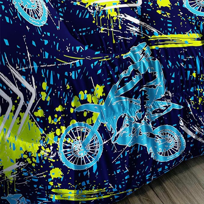 Axolotl Boys Dirt Bike Bedding Set Full,Dirt Bike Comforter Set,Extreme Sports Tie Dye Bedding Set Motor Biker,Motocross Rider Comforter Set for Boys Kids Teens Men,1 Quilt 2 Pillowcases,Blue Green - LeafyLoom