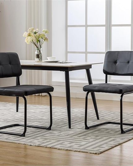 Forevich Mid Century Modern Dining Chairs Set of 2, Leather Kitchen Dining Room Side Chairs Upholstered Armless Accent Chairs with Metal Chrome Legs for Living Room, Bedroom Black - LeafyLoom