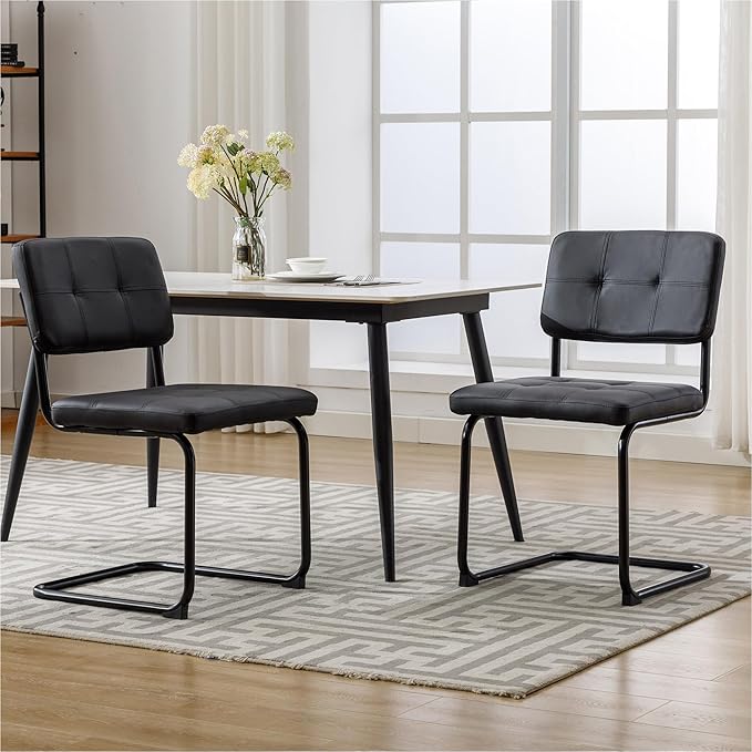Forevich Mid Century Modern Dining Chairs Set of 2, Leather Kitchen Dining Room Side Chairs Upholstered Armless Accent Chairs with Metal Chrome Legs for Living Room, Bedroom Black - LeafyLoom