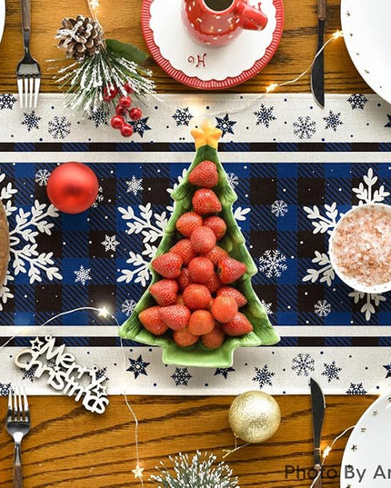 Artoid Mode Buffalo Plaid Snowflakes Blue Christmas Table Runner, Seasonal Winter Kitchen Dining Table Decoration for Home Party Decor 13x60 Inch ArtoidMode