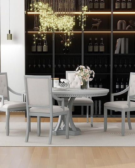 Retro Style 5 Piece Set with Extendable Freely AdjustableRound Table and 4 Chairs, Full Assembly Required, for Dining Room, Kitchen, Antique Gray 30 - LeafyLoom