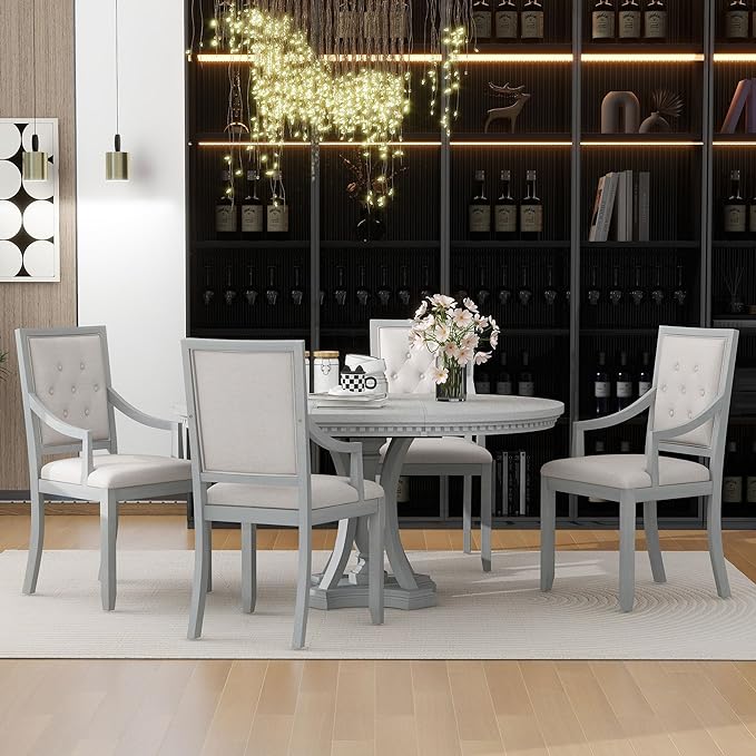 Retro Style 5 Piece Set with Extendable Freely AdjustableRound Table and 4 Chairs, Full Assembly Required, for Dining Room, Kitchen, Antique Gray 30 - LeafyLoom