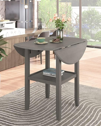 NicBex Dining Table Contemporary Kitchen Table Farmhouse Rustic Round Counter Height Kitchen Dining Table with Drop Leaf and One Shelf for Small Places Round Dining Table, Easy Assembly, Gray - LeafyLoom