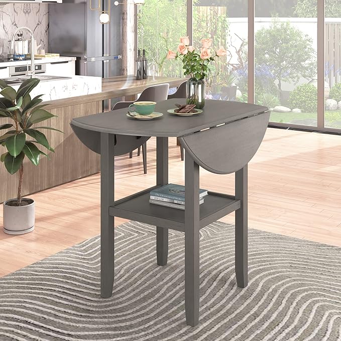 Dining Room Table Set, Wood Round Counter Height Kitchen Table Set with Drop Leaf Table, One Shelf and 2 Cross Back Padded Chairs, 3 Piece Dining Table Set for Small Places, Grey - LeafyLoom