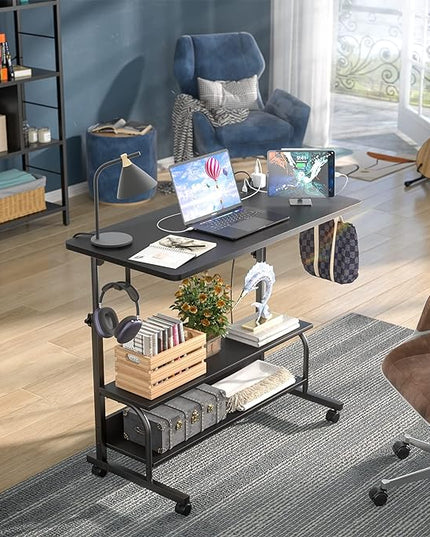 Height Adjustable Standing Desk with Power Outlets, 32" Manual Stand Up Desk with Storage Shelves Small Mobile Rolling Computer Desk Portable Laptop Table with Wheels for Home Office, Black - LeafyLoom