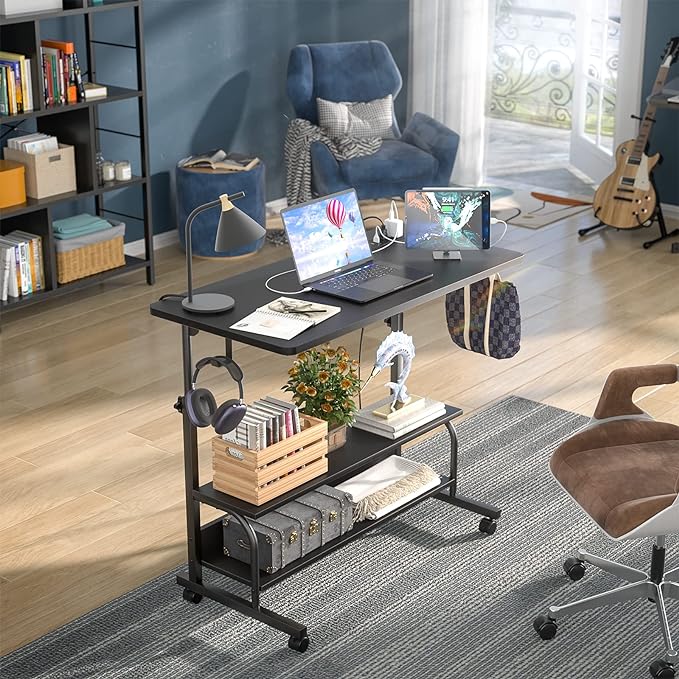 Height Adjustable Standing Desk with Power Outlets, 32" Manual Stand Up Desk with Storage Shelves Small Mobile Rolling Computer Desk Portable Laptop Table with Wheels for Home Office, Black - LeafyLoom