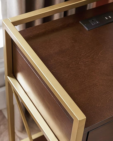 Leick Home 9069-WA One Drawer Nightstand Side Table Contemporary Modern USB-C Fast Charging Station A/C USB Charging Port Integrated Durable Solid Metal Wood Living Room Bedroom Office Walnut and Gold - LeafyLoom