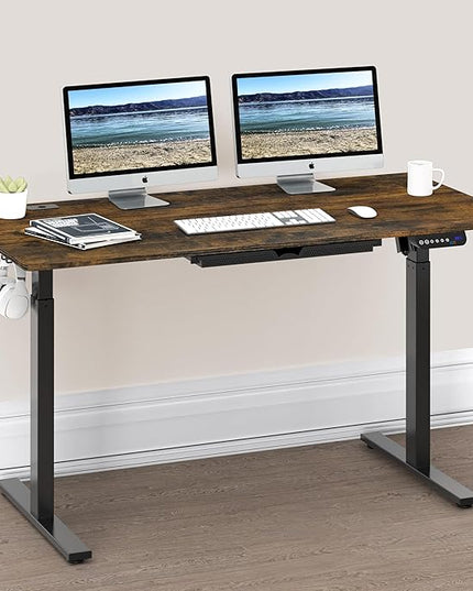 SHW 55-Inch Large Electric Height Adjustable Standing Desk, 55 x 28 Inches, Rustic Brown - LeafyLoom