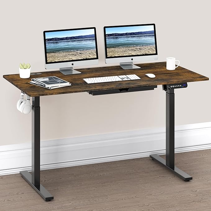 SHW 55-Inch Large Electric Height Adjustable Standing Desk, 55 x 28 Inches, Rustic Brown - LeafyLoom