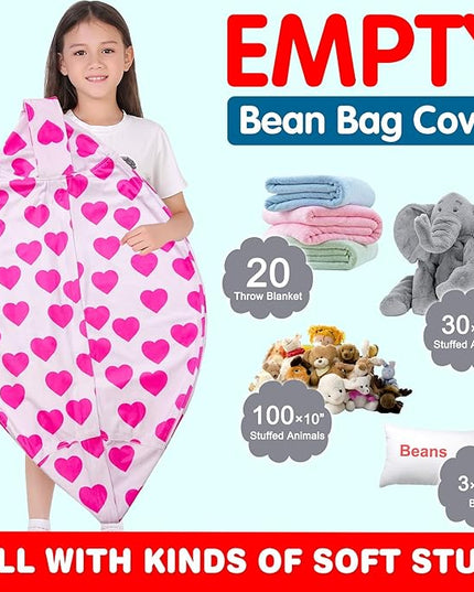 Lukeight Stuffed Animal Storage Bean Bag Chair Cover for Kids, Zipper Beanbag Chair Cover for Organizing Toddler & Kids' Rooms Plush Toys (Heart Velvet, XX-Large) - LeafyLoom