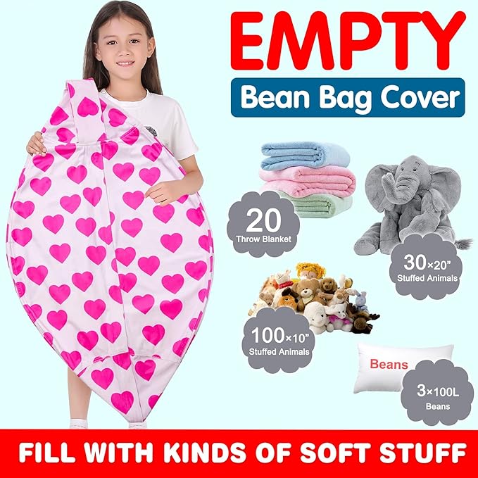Lukeight Stuffed Animal Storage Bean Bag Chair Cover for Kids, Zipper Beanbag Chair Cover for Organizing Toddler & Kids' Rooms Plush Toys (Heart Velvet, XX-Large) - LeafyLoom