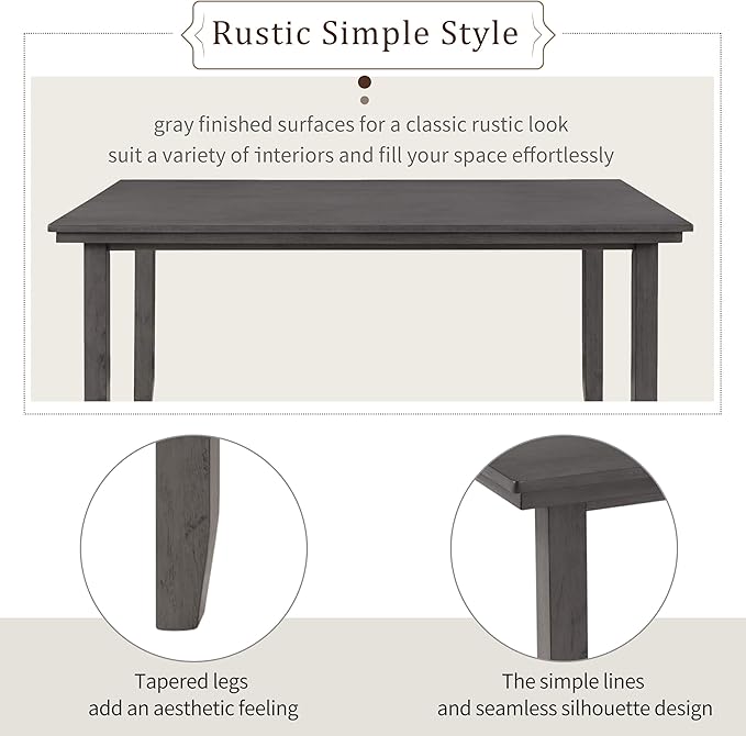 Dining Table Set for 6, Kitchen Table Chairs Set of 6 with Backrest, Rustic Wood Dining Room Table Set for Living Room and Kitchen, Dark Grey - LeafyLoom
