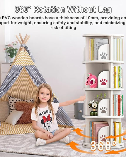 LEYUKEJI 360°Rotating Bookshelf 4-Tier Large Capacity 18" Diameter Kids Bookshelf PVC Plastic Display Cabinet,Corner Bookcase Space Saving Round Spinning Storage Rack With Small Silicone Hammer,White - LeafyLoom