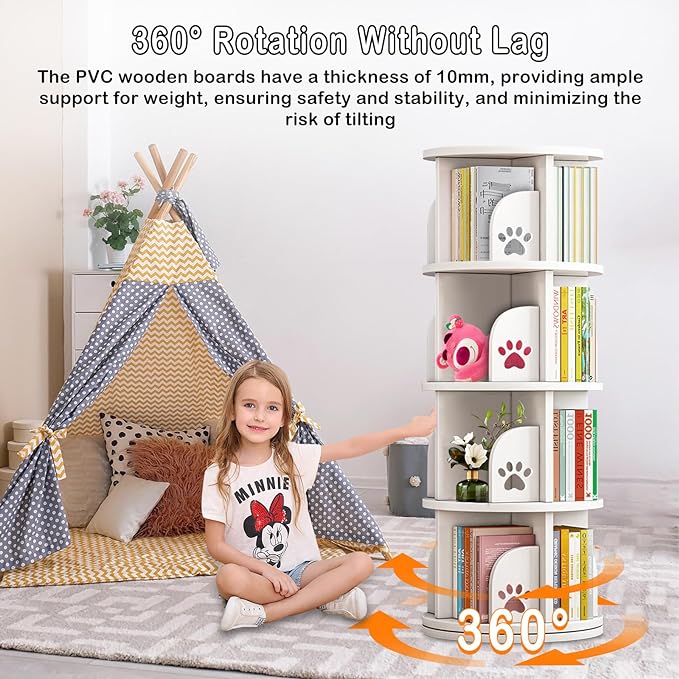 LEYUKEJI 360°Rotating Bookshelf 4-Tier Large Capacity 18" Diameter Kids Bookshelf PVC Plastic Display Cabinet,Corner Bookcase Space Saving Round Spinning Storage Rack With Small Silicone Hammer,White - LeafyLoom