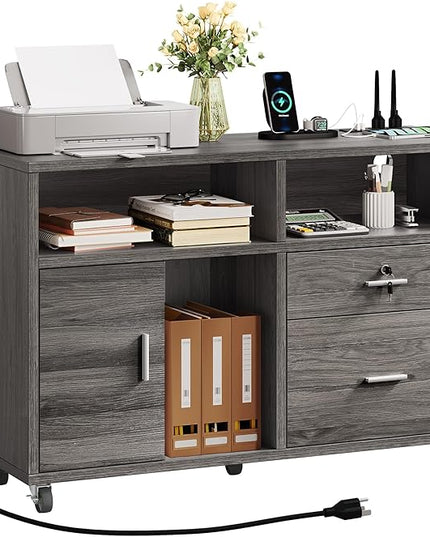 DWVO 2 Drawer File Cabinet with Charging Station, Mobile Filing Cabinet with Lock, Grey - LeafyLoom