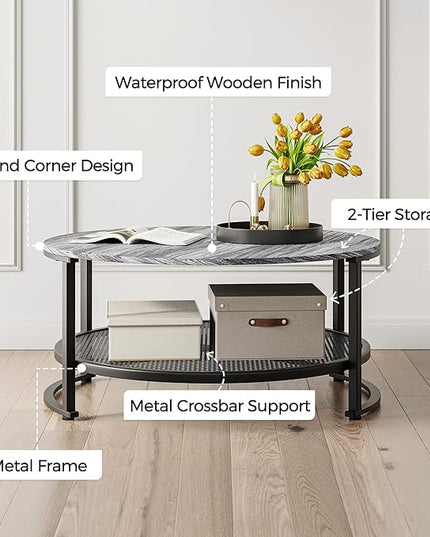 LINSY Home Round Coffee Table Set of 2 for Living Room, Grey Coffee Table with Open Storage,Wood Surface Top & Sturdy Metal Legs Large Circle Coffee Table for Industrial or Modern Design Home - LeafyLoom