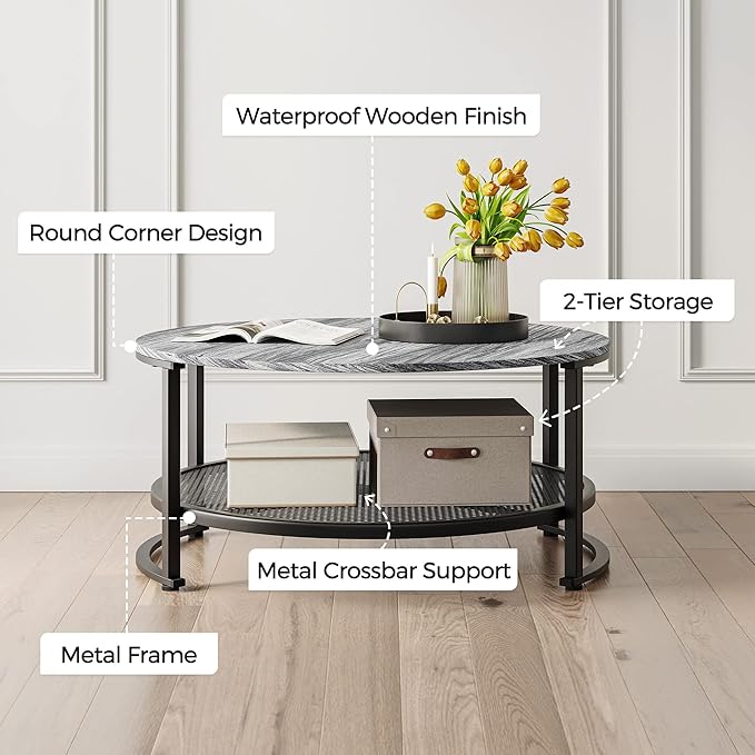LINSY Home Round Coffee Table Set of 2 for Living Room, Grey Coffee Table with Open Storage,Wood Surface Top & Sturdy Metal Legs Large Circle Coffee Table for Industrial or Modern Design Home - LeafyLoom