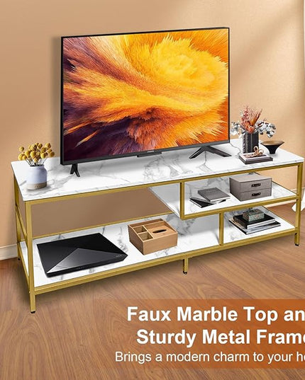 AT-VALY TV Stand for 55-75 inch TVs, Metal&MDF TV Stand with 3-Tier Storage Shelves for Living Room, Entertainment Center with Storage Cabinets (Gold) - LeafyLoom