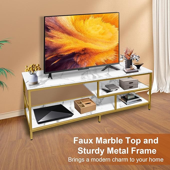 AT-VALY TV Stand for 55-75 inch TVs, Metal&MDF TV Stand with 3-Tier Storage Shelves for Living Room, Entertainment Center with Storage Cabinets (Gold) - LeafyLoom