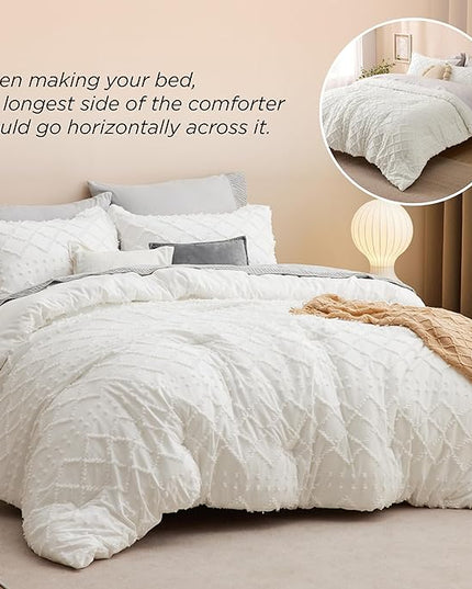 Bedsure King Size Comforter Set - Ivory Boho Comforter, Tufted Shabby Chic Bedding Comforter Set, 3 Pieces Vintage Farmhouse Bed Set for All Seasons, Fluffy Soft Bedding Set with 2 Pillow Shams - LeafyLoom