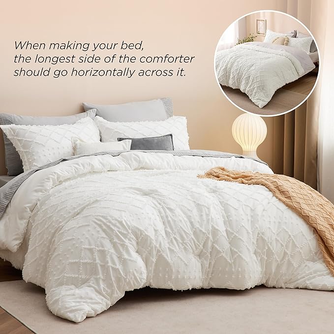 Bedsure King Size Comforter Set - Ivory Boho Comforter, Tufted Shabby Chic Bedding Comforter Set, 3 Pieces Vintage Farmhouse Bed Set for All Seasons, Fluffy Soft Bedding Set with 2 Pillow Shams - LeafyLoom