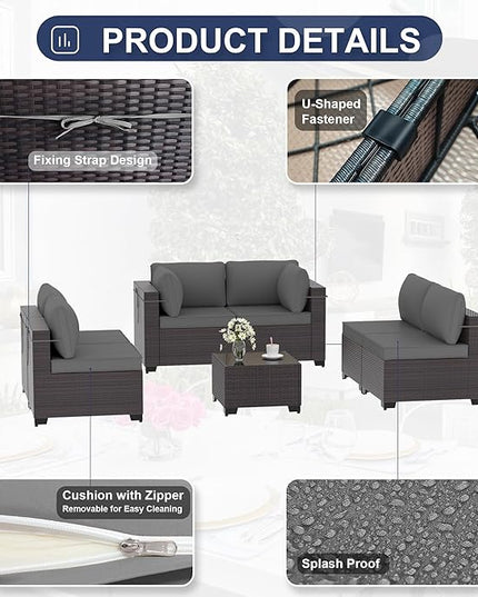 Outdoor Furniture Set 7PCS Patio Furniture for Backyard Wicker Sectional Sofa Set 6 Seats, PE Rattan Outdoor Conversation Set with Thickened Cushions and Glass Coffee Table, Grey - LeafyLoom