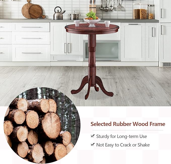 Chestnut 42 Pedestal, Rubber Wood Pub, Wooden Vintage Side, Antique Round Table for Bar Kitchen Dining Room, Finish - LeafyLoom