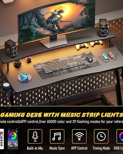 Gaming Desk with Power Outlets & Music Strip Lights,Computer Desk with Large Monitor Stand, PC Laptop Table for Small Spaces, Gamer Workstation with Cup Holder, Headphone Hook for Home Office - LeafyLoom