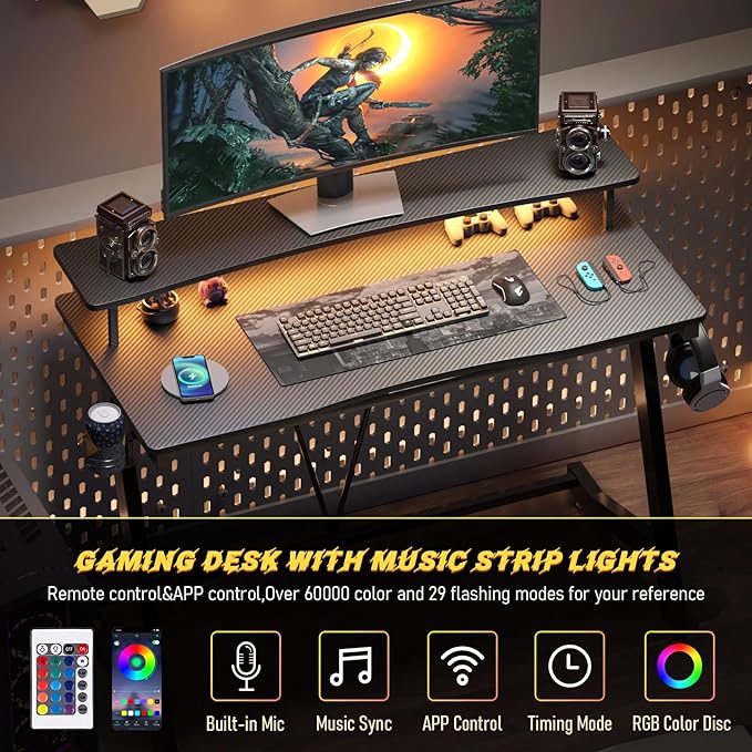 Gaming Desk with Power Outlets & Music Strip Lights,Computer Desk with Large Monitor Stand, PC Laptop Table for Small Spaces, Gamer Workstation with Cup Holder, Headphone Hook for Home Office - LeafyLoom