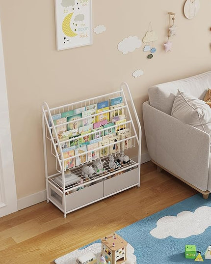Large Kids Bookshelf With 2 Storage Box, 5 Tier Metal Kids Bookcases Children's Toy Storage Rack, Book Unit Storage Shelf for Playroom Bedroom Study Room, Idea Gifts for Boys and Girls KDSJ2305-White - LeafyLoom