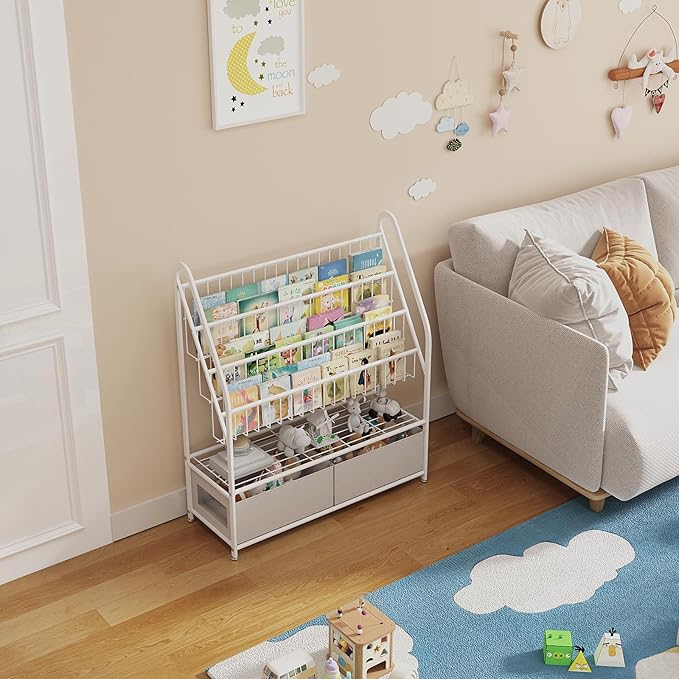 Large Kids Bookshelf With 2 Storage Box, 5 Tier Metal Kids Bookcases Children's Toy Storage Rack, Book Unit Storage Shelf for Playroom Bedroom Study Room, Idea Gifts for Boys and Girls KDSJ2305-White - LeafyLoom
