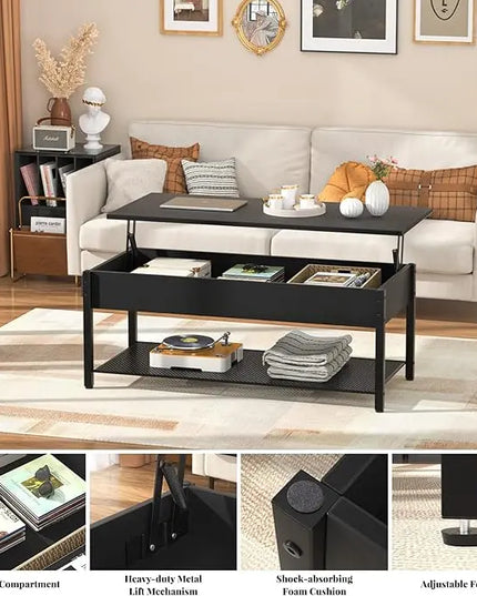 Homieasy Coffee Table, Lift Top Coffee Table with Storage Shelf and Hidden Compartment, Modern Lift Top Table for Living Room, Wood Lift Tabletop, Metal Frame - Black - LeafyLoom