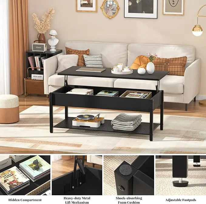 Homieasy Coffee Table, Lift Top Coffee Table with Storage Shelf and Hidden Compartment, Modern Lift Top Table for Living Room, Wood Lift Tabletop, Metal Frame - Black - LeafyLoom