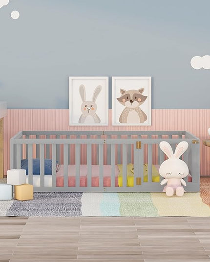 Multifunctional Twin Size Floor Bed with Safety Guardrails and Door, Montessori Sturdy Solid Wood Beds Frame, Easy Assembly and No Spring Need, for Boys and Girls Room, Gray - LeafyLoom