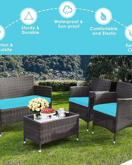 Goplus 4-Piece Rattan Patio Set, Outdoor/Indoor Wicker Conversation Set for Pool, Backyard, Lawn, Wicker Chairs and Sofa with Soft Cushion, Rattan Furniture with Tempered Glass Coffee Table - LeafyLoom
