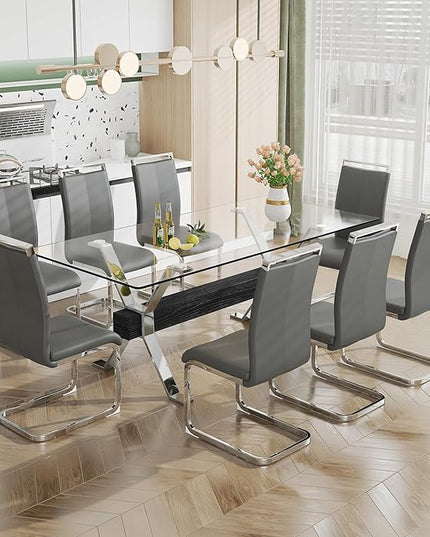 NicBex Dining Table Modern Tempered Glass Dining Table Large Modern Office Desk with Silver Plated Metal Legs and MDF Crossbars, Suitable for Both Home and Office Use, Silver + Black - LeafyLoom