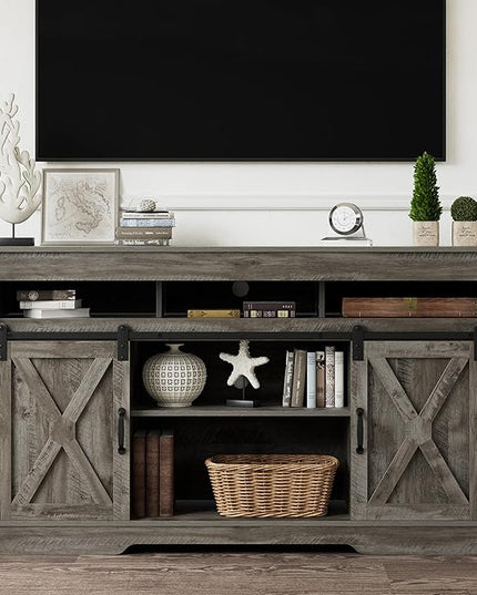 Farmhouse Stand for TVs up to 65+ Inch Tall Entertainment Center with Sliding Barn Door, Console Storage Cabinet for Bedroom, Living Room, Light Grey - LeafyLoom