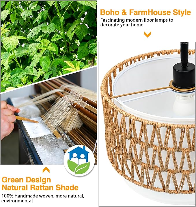 Arc Floor Lamp for Living Room with 3 Color Temperatures, Farmhouse Floor Lamps with Remote & Dimmable Bulb, Rattan Boho Standing Lamp with Fabric Shades, Adjustable Tall Lamp for Bedroom Office - LeafyLoom