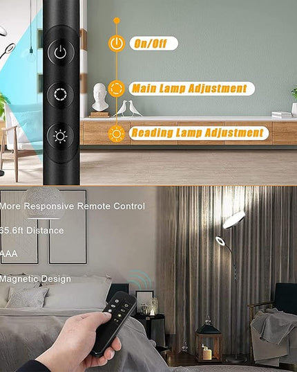 LED Floor Lamp, 4300LM 42W Bright Standing Lamp with Gooseneck Reading Light, 2700K-6500K Stepless Dimming Modern Torchiere Lamp with Remote/Touch Control, 69" Tall Lamp for Living Room Bedroom Office - LeafyLoom