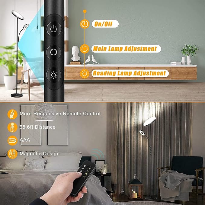 LED Floor Lamp, 4300LM 42W Bright Standing Lamp with Gooseneck Reading Light, 2700K-6500K Stepless Dimming Modern Torchiere Lamp with Remote/Touch Control, 69" Tall Lamp for Living Room Bedroom Office - LeafyLoom