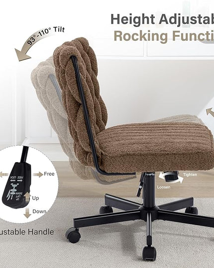Criss Cross Legged Office Desk Chair with Wheels, Modern Armless Desk Chair with Wide Seat, Home Office Chair for Work, Meditation, Vanity, Brown - LeafyLoom
