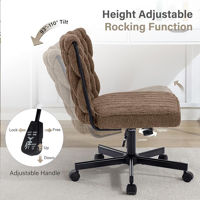 Criss Cross Legged Office Desk Chair with Wheels, Modern Armless Desk Chair with Wide Seat, Home Office Chair for Work, Meditation, Vanity, Brown - LeafyLoom