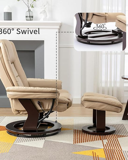 JC Home Swivel Ottoman Bonded Leather Recliner Chair and Foot Rest for Living Room, Home Theater, Man Cave, Bedroom-Round Mahogany Base-Modern, Contemporary Furniture, offwhite - LeafyLoom