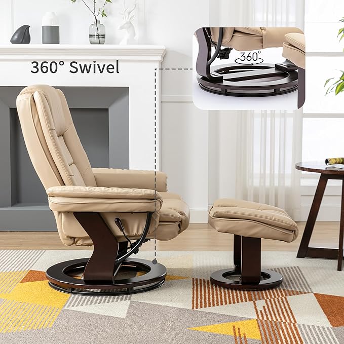 JC Home Swivel Ottoman Bonded Leather Recliner Chair and Foot Rest for Living Room, Home Theater, Man Cave, Bedroom-Round Mahogany Base-Modern, Contemporary Furniture, offwhite - LeafyLoom
