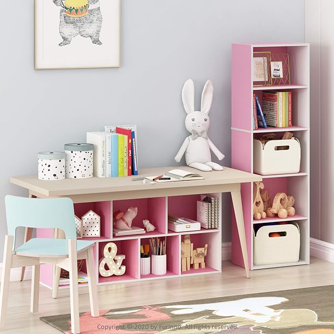 Furinno 5-Tier Reversible Color Open Shelf Bookcase , White/Pink 11055WH/PI - LeafyLoom