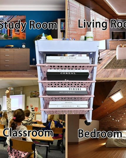 5 Tier Rolling Utility Book Cart, Movable Bookshelf Organizer with Wheels, Storage Book Shelves, Book Rack for Study in Classroom School Office, White-Pink - LeafyLoom